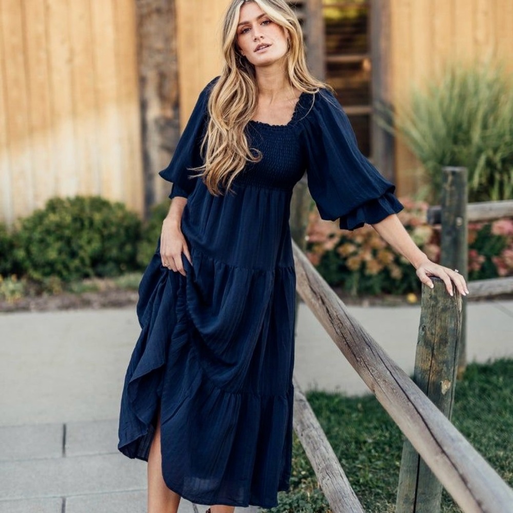 Navy Smocked Midi Dress from Baltic Born Boutique